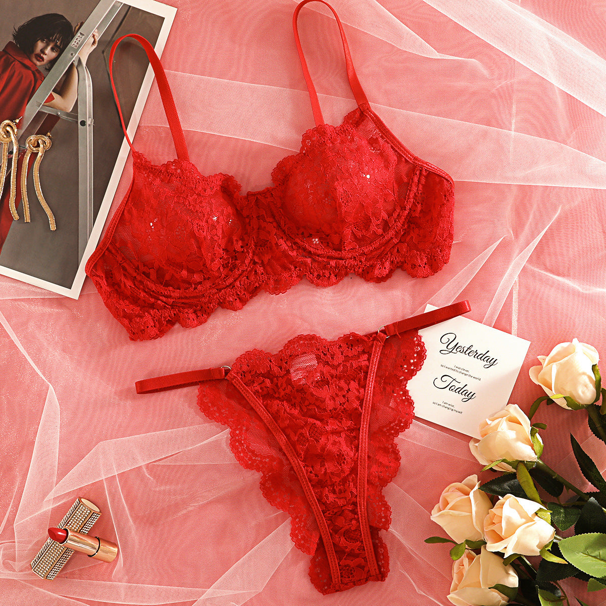 Spaghetti Strap Lace Sheer Sexy Lingerie Set