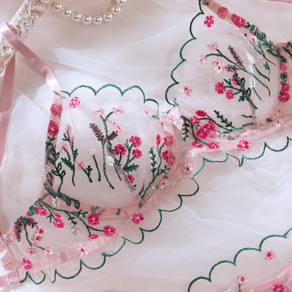 Pink Ultra-Thin Single-Layer Mesh Embroidery Underwire Lift Bra Set