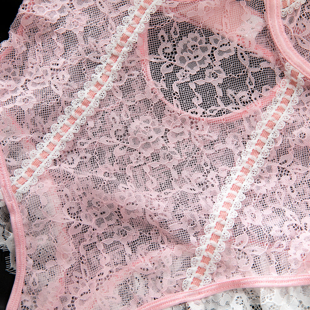 Pink Color-Block Lace Frill Stretch Bodysuit with Garter & Stockings