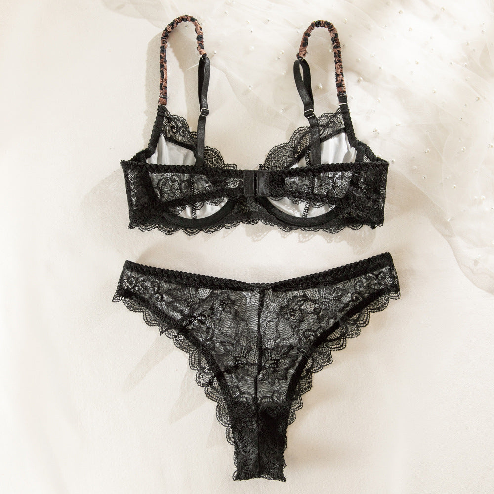 French Lace Splice Leopard Print Underwire Lift Breathable Bra Set