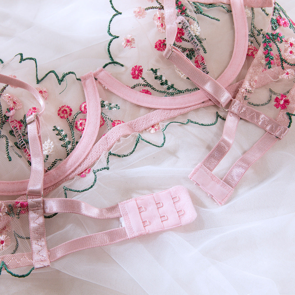 Pink Ultra-Thin Single-Layer Mesh Embroidery Underwire Lift Bra Set