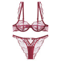 French Embroidered Lace Lingerie Set | Sheer Bra & Briefs | Burgundy White Black S-L