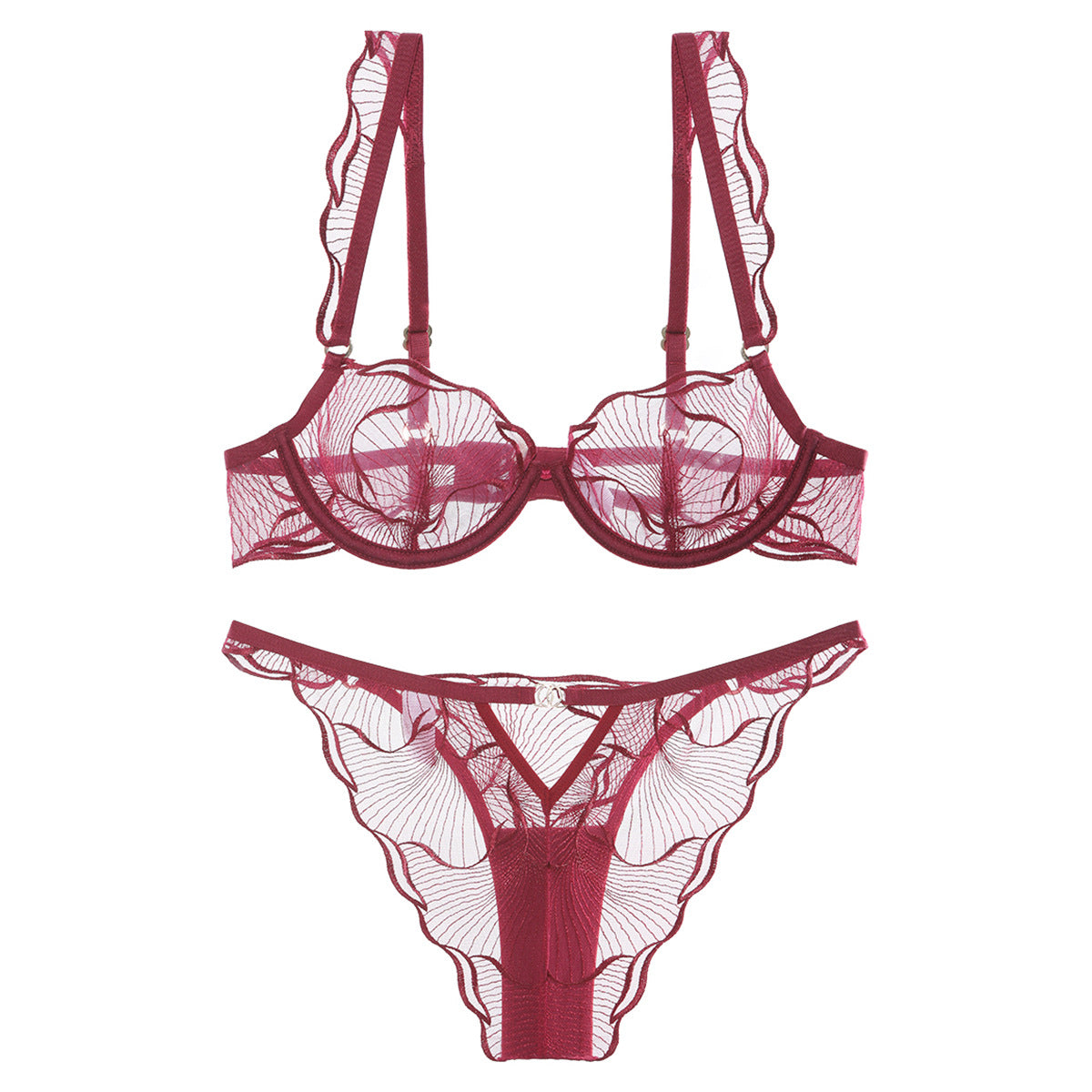French Embroidered Lace Lingerie Set | Sheer Bra & Briefs | Burgundy White Black S-L