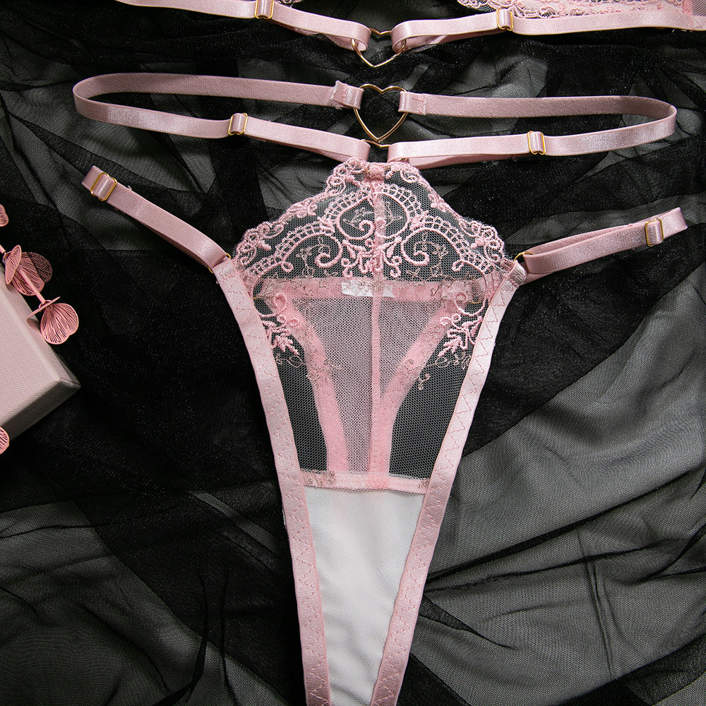 Pink Embroidered Heart Halter Lingerie Set
