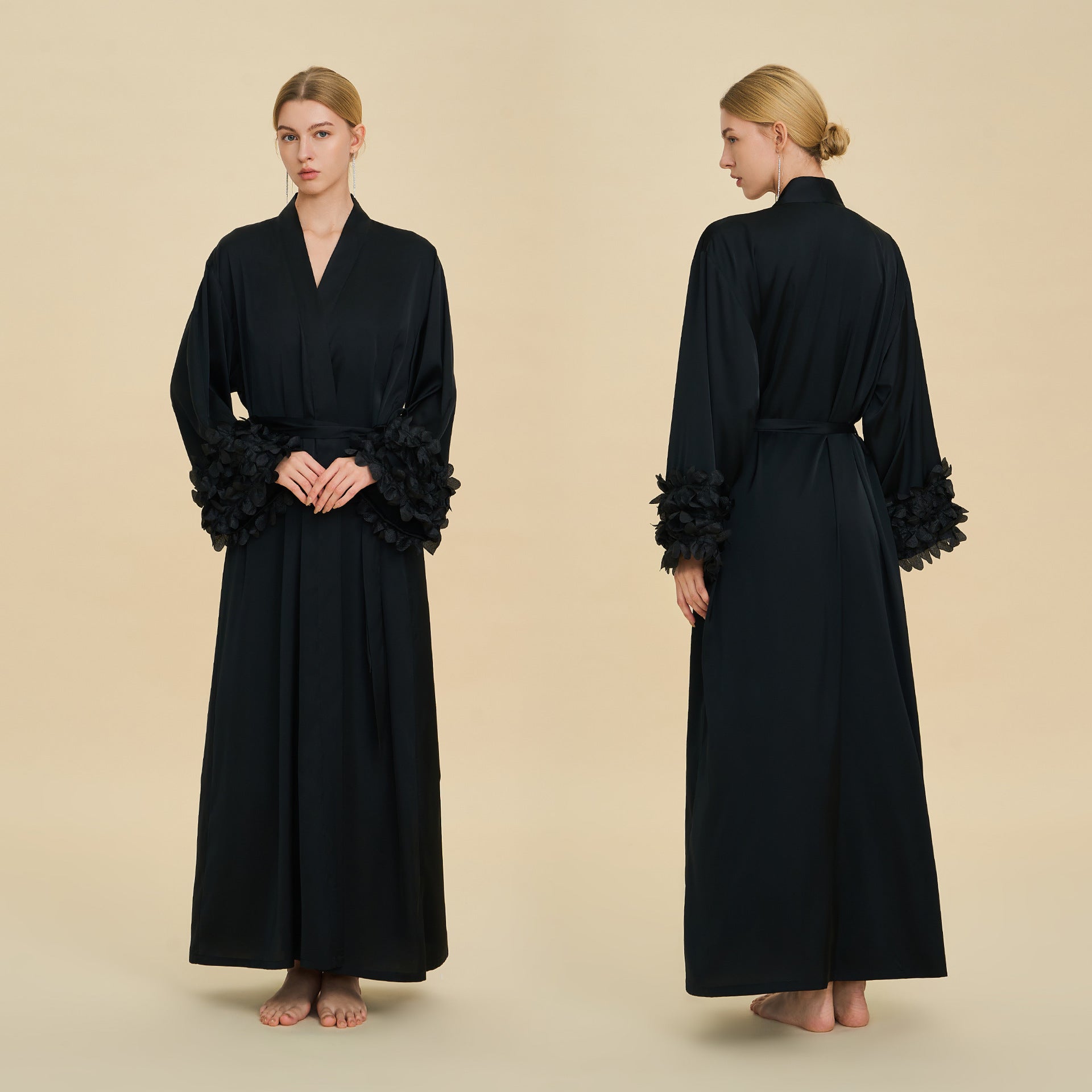 Satin Chiffon Bell Sleeve Cardigan Robe – Loose Fit Long Loungewear