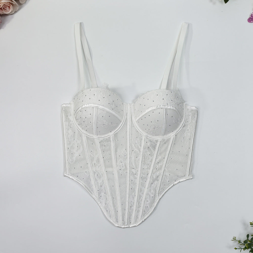 Rhinestone Lace Fishbone Corset Bra