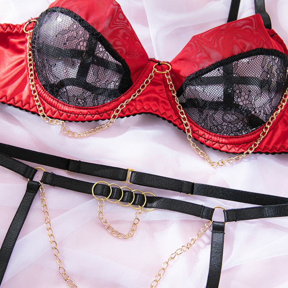 Lace Mesh Chain Sheer Bra Set