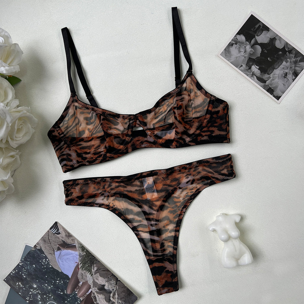 Leopard Print Sheer Mesh Bra Set – French Ultra-Thin, Anti-Sag | 4 Colors