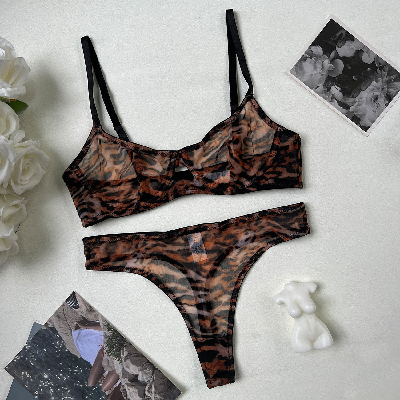 Leopard Print Sheer Mesh Bra Set – French Ultra-Thin, Anti-Sag | 4 Colors