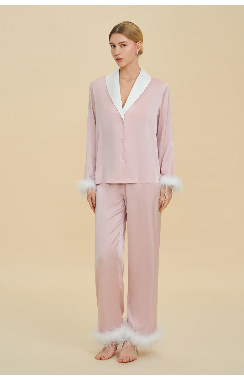 Feather Trim Luxury Pajama Set | Premium Gift Loungewear