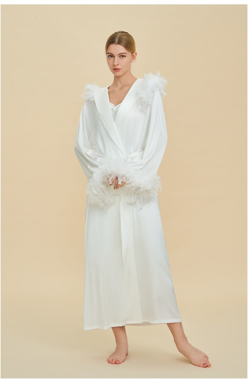 Hooded Feather Trim Long Robe | Detachable Luxury Loungewear