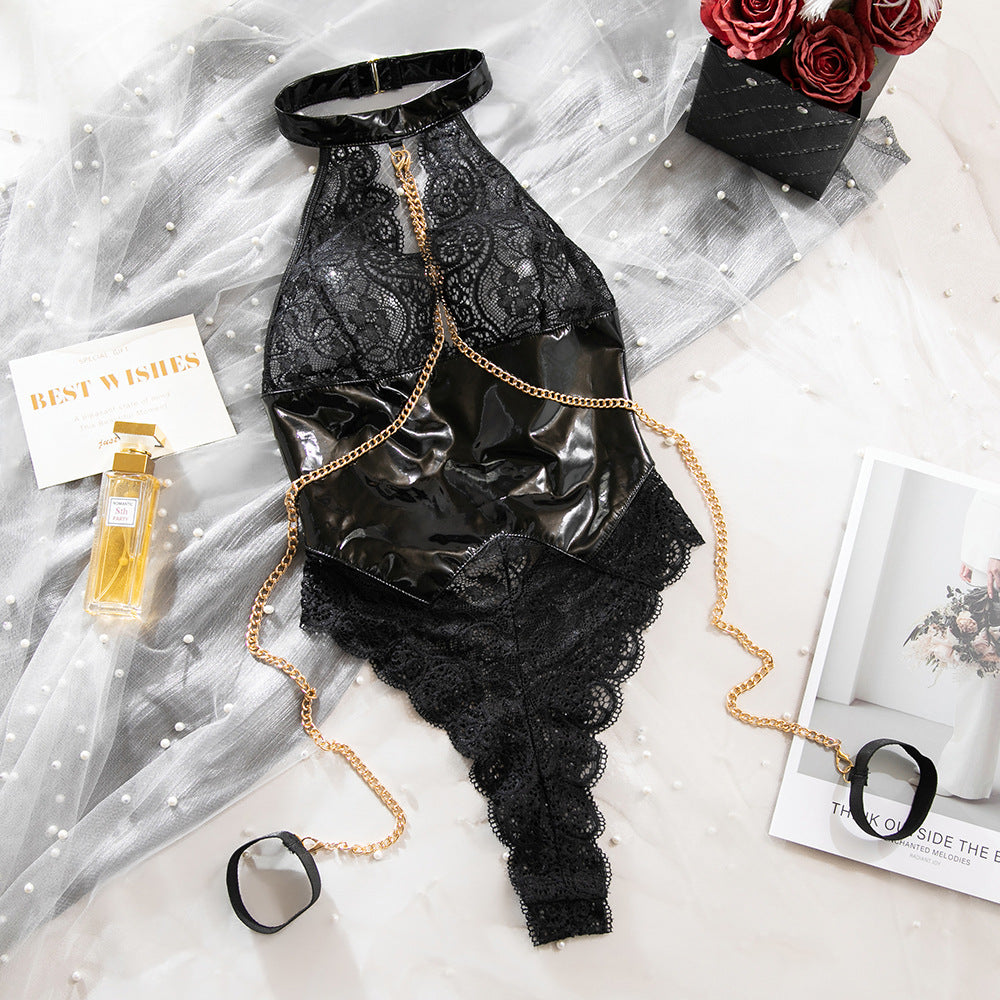 Lace Patent Leather Halter Chain Bodysuit