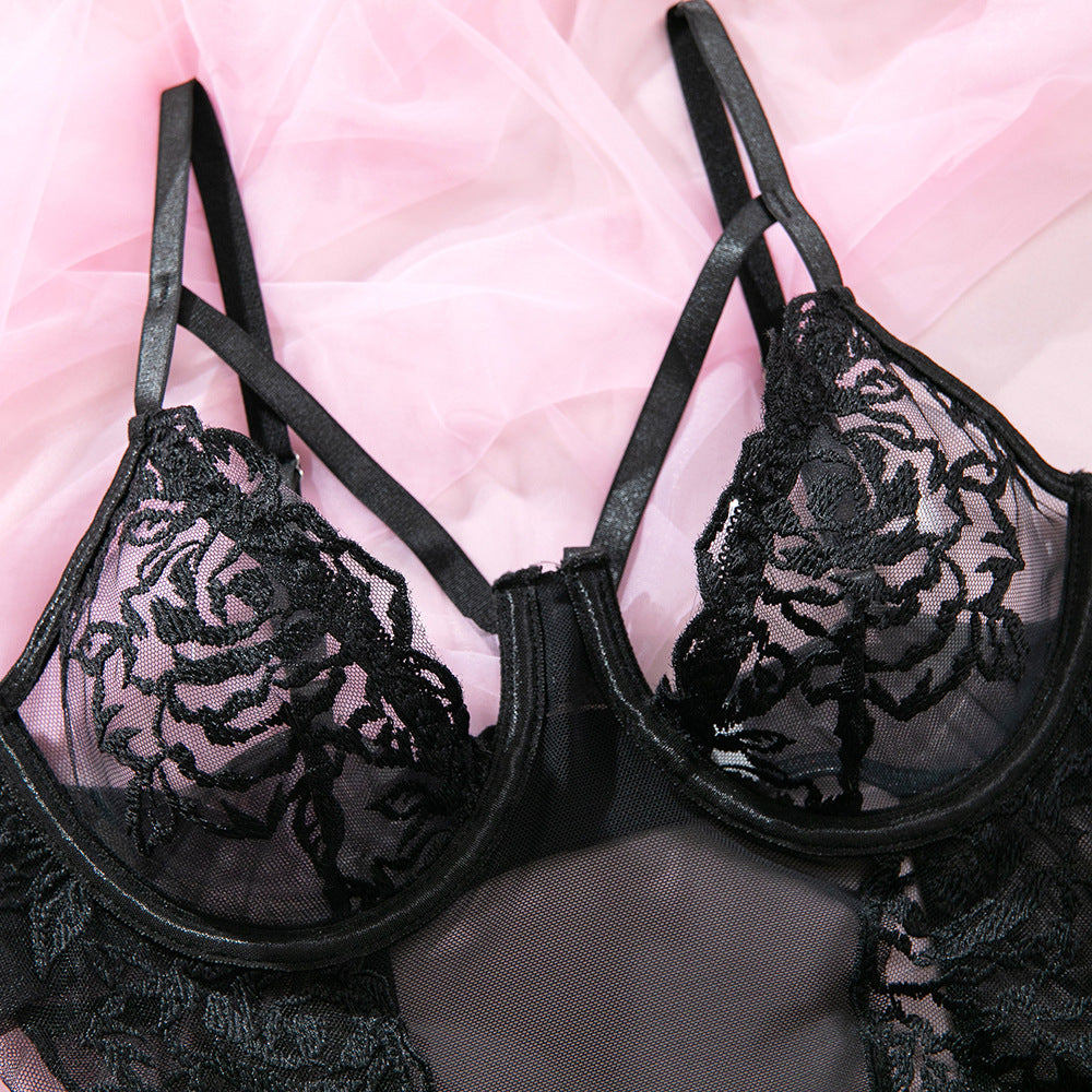 Lace Embroidered Hollow Underwire Sleep Dress Set