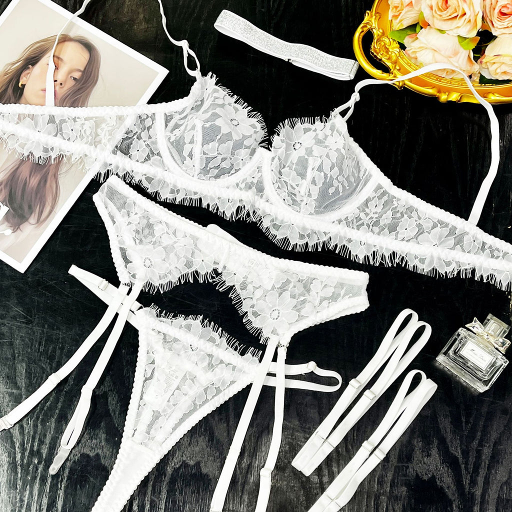 Sheer Lace Suspender, Leg Ring & Thong Set – Ultra-Thin
