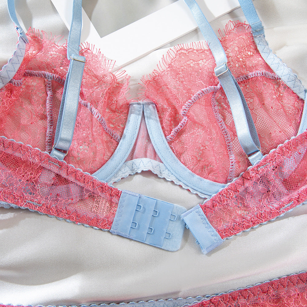 Pink Eyelash Lace Sheer Gathering Bra Lingerie Set