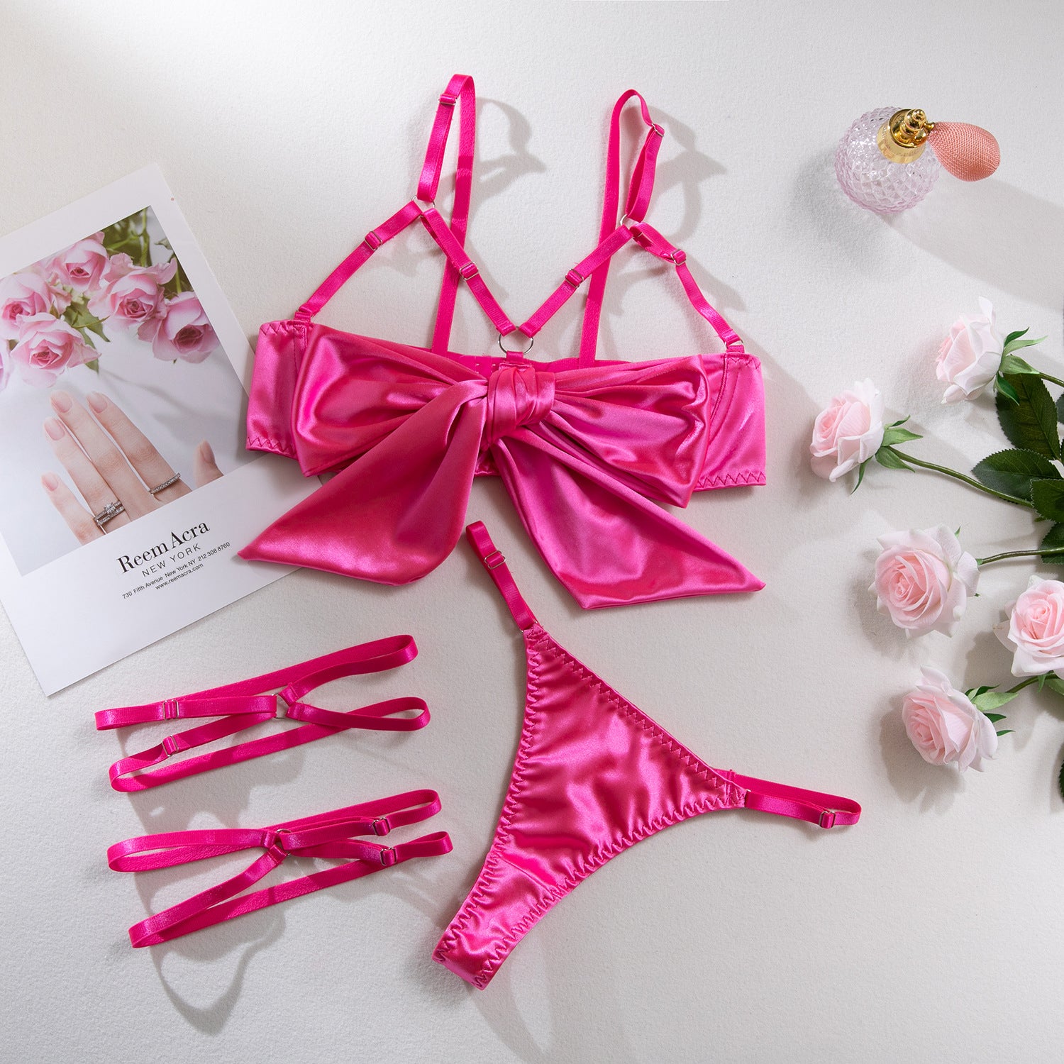 AliExpress hot-selling lingerie steel ring hollow sexy breast satin satin belt leg ring three pieces