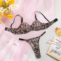 Leopard Print Hollow-Out Mesh Gathering Bra Sheer Lingerie Set