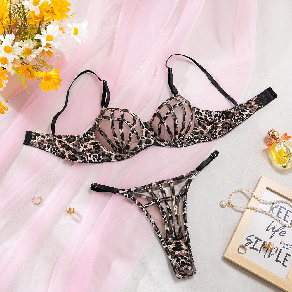Leopard Print Hollow-Out Mesh Gathering Bra Sheer Lingerie Set