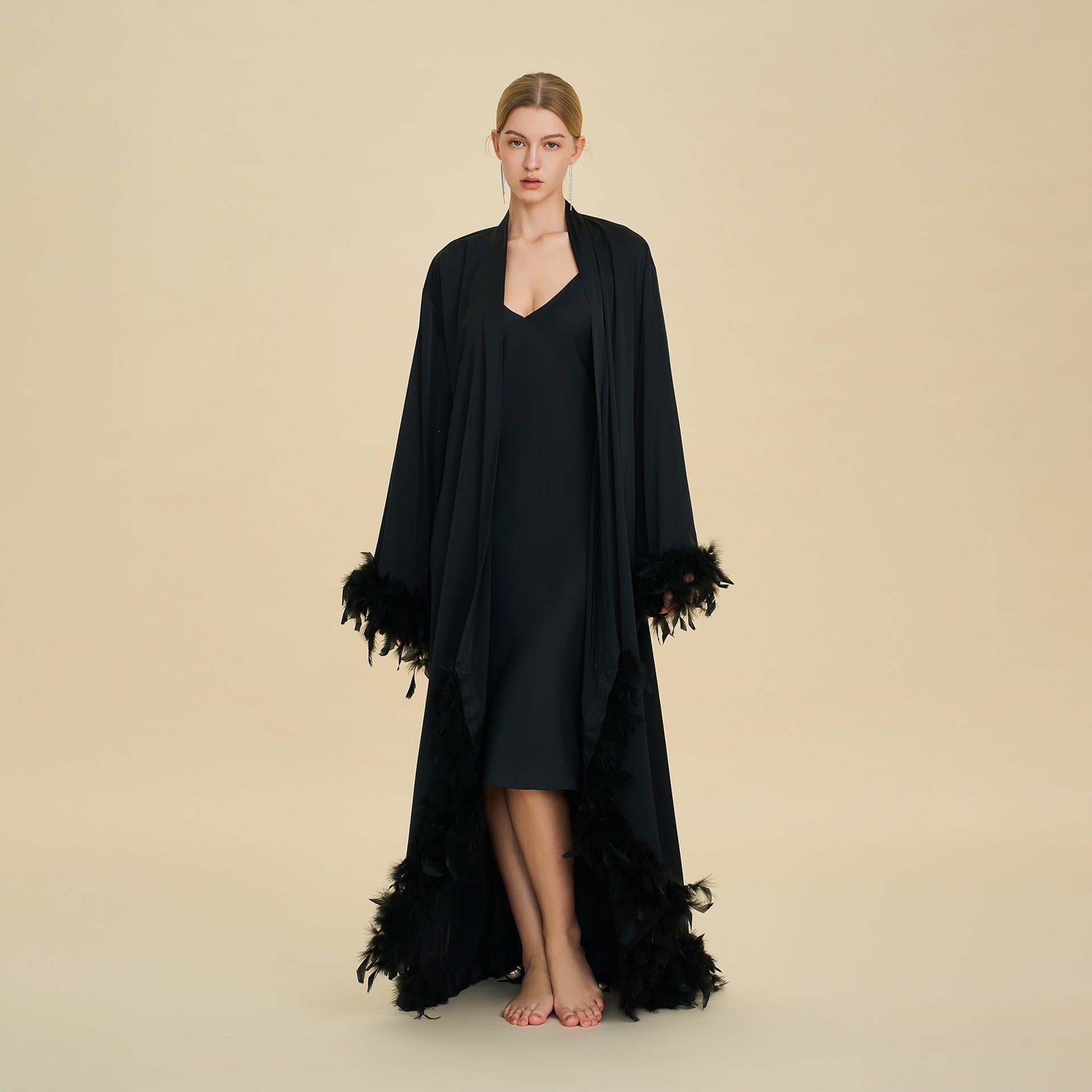 Feather Trim Trailing Long Morning Robe | Luxury Nightgown Robe