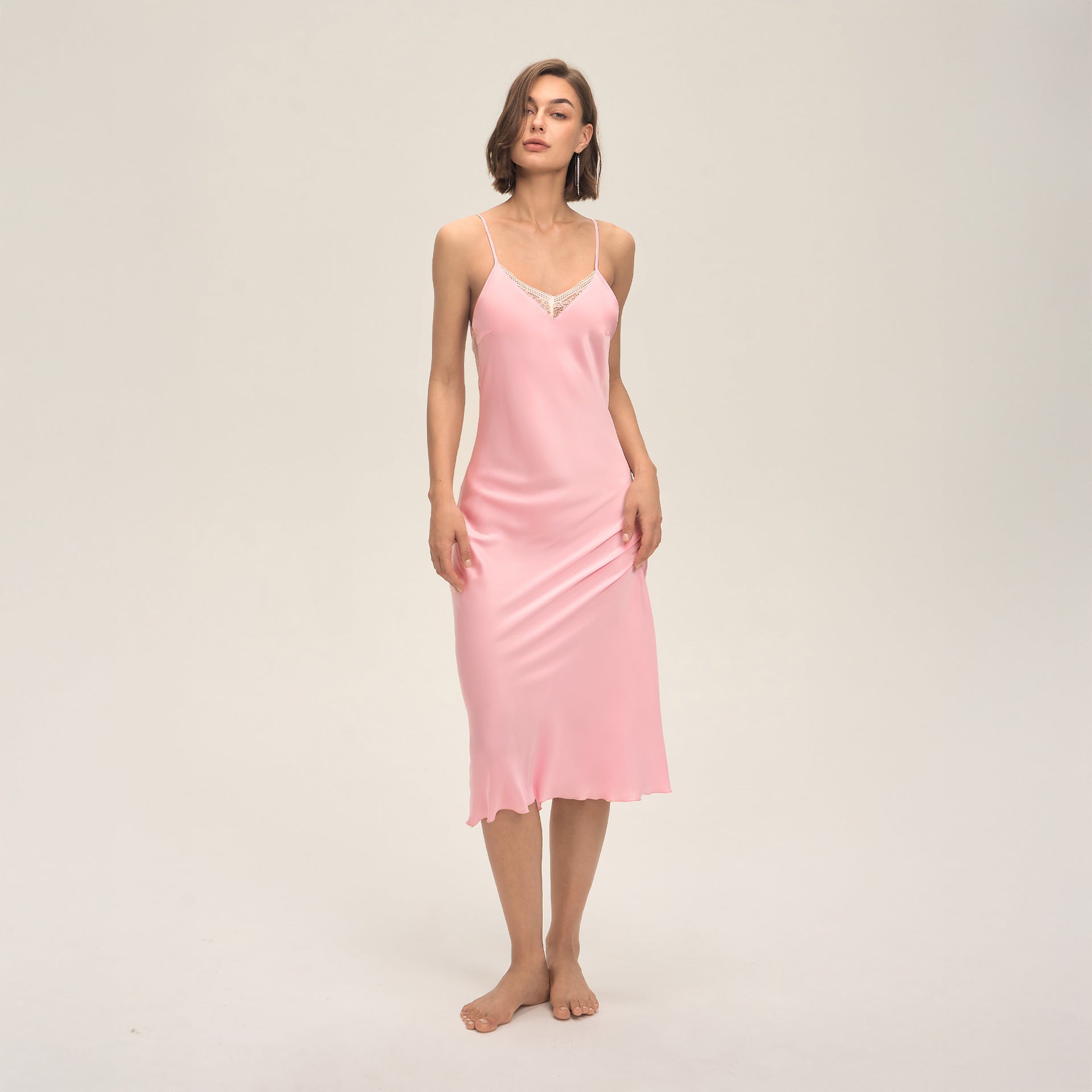 Satin Chiffon Lace Spaghetti Strap Mid-Length Nightdress — Sexy Loungewear