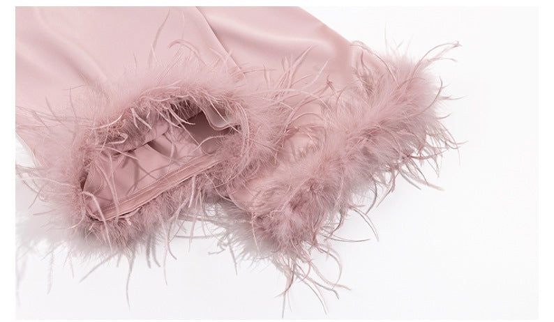 Feather Trim Long Sleeve Pajama Set | Detachable Luxury Loungewear