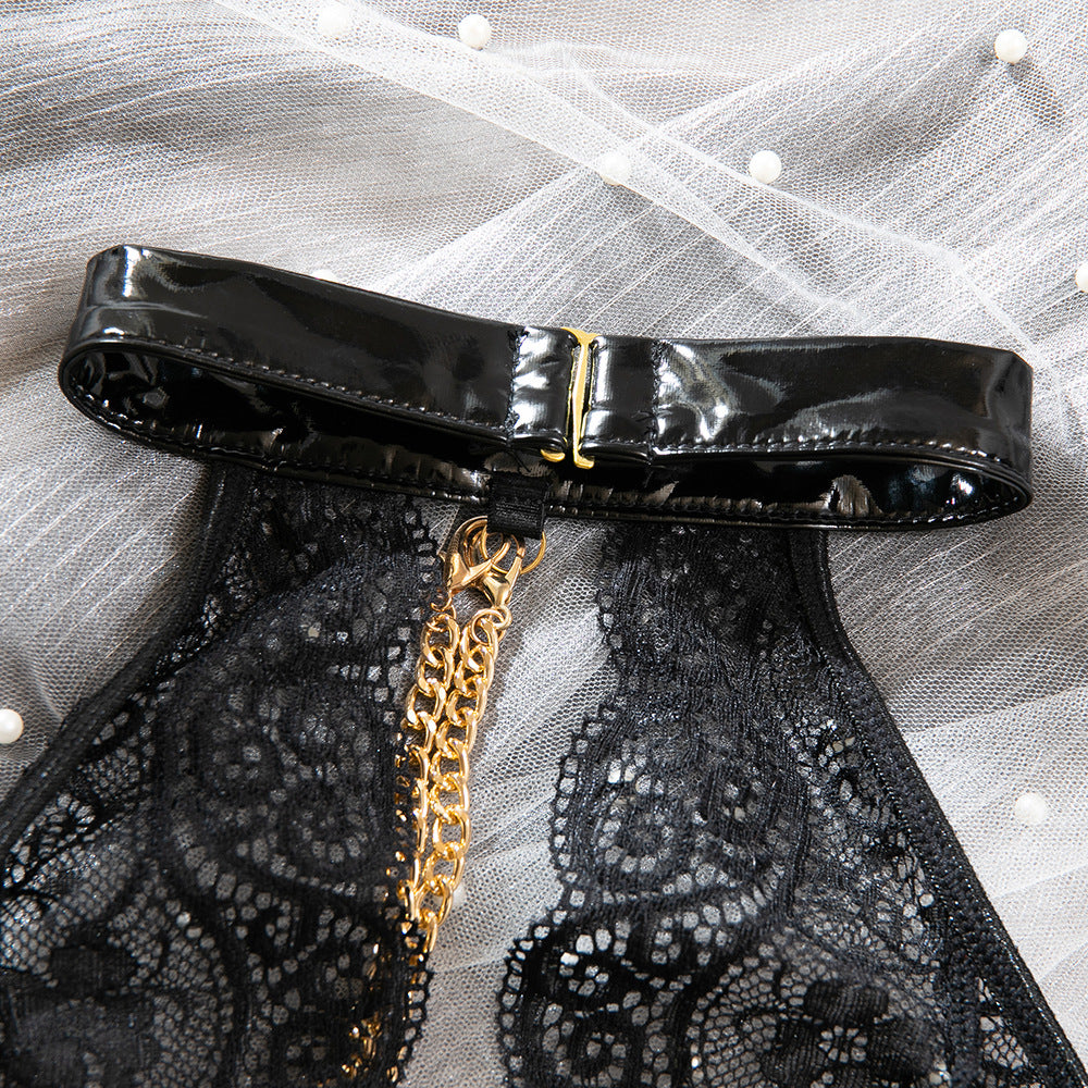 Lace Patent Leather Halter Chain Bodysuit