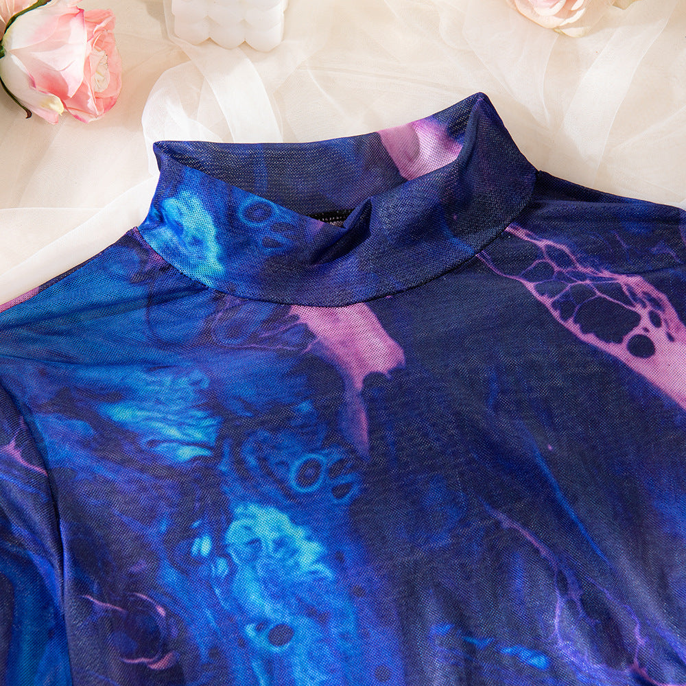 Tie-Dye Sheer Mesh High Neck Slit Dress Set