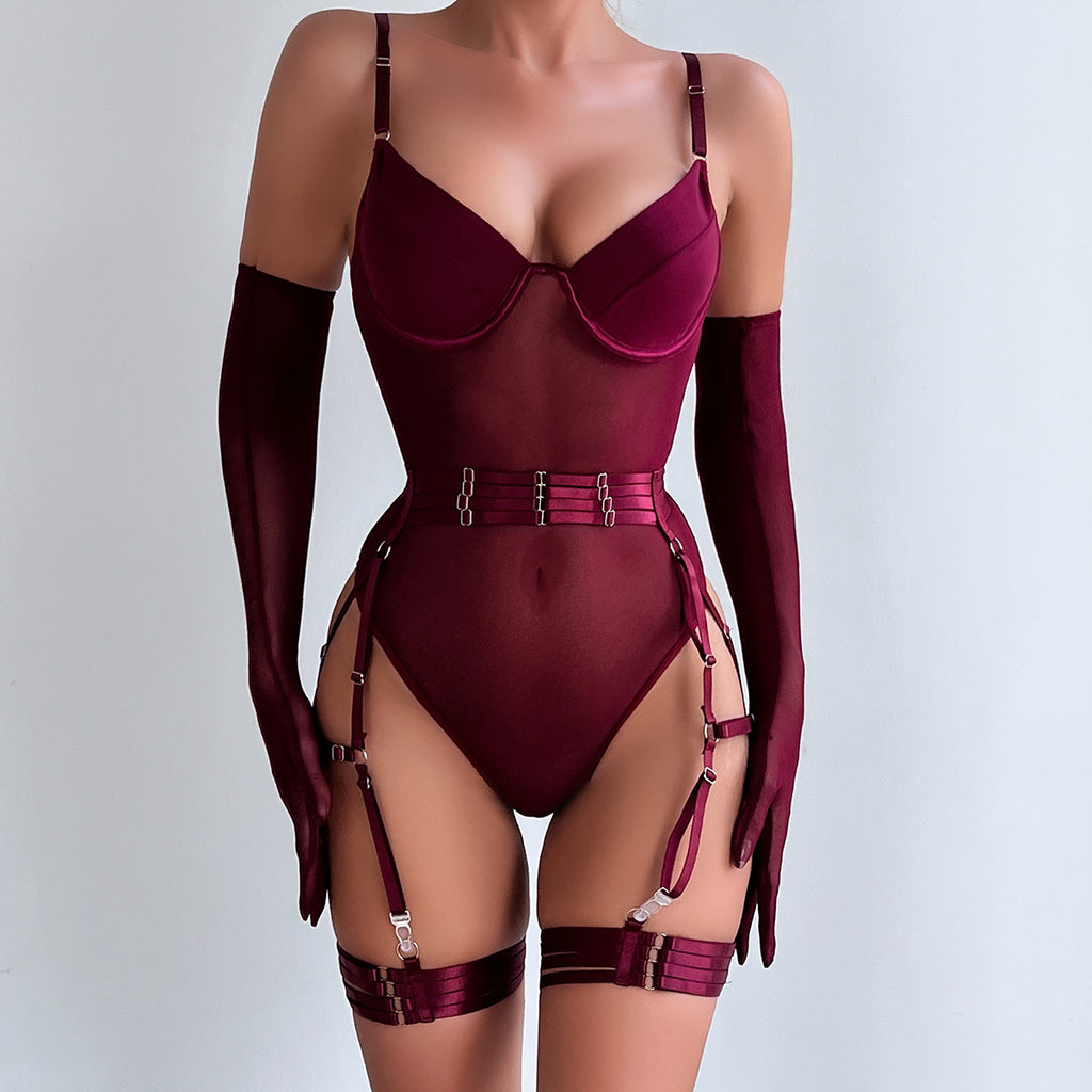 Strappy Patchwork Bodycon Gloves 3-Piece Lingerie Set