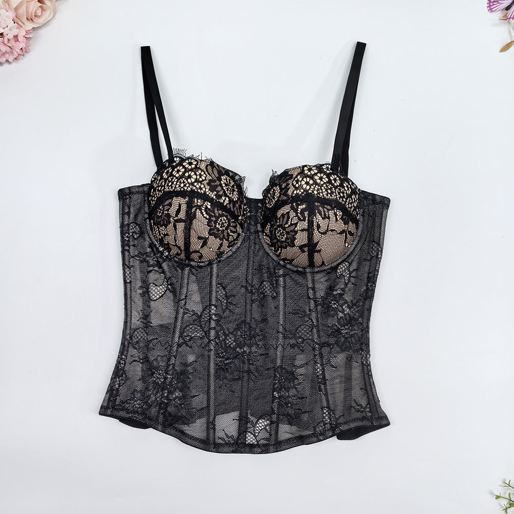 Solid Lace Off-Shoulder Fishbone Corset Bra
