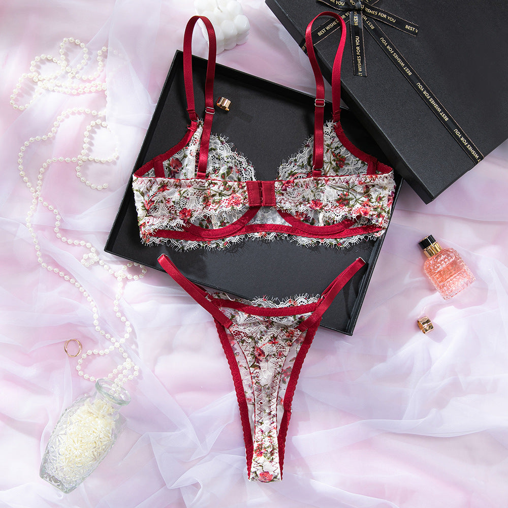 French Vintage Lace Floral Print Gathering Bra Lingerie Set