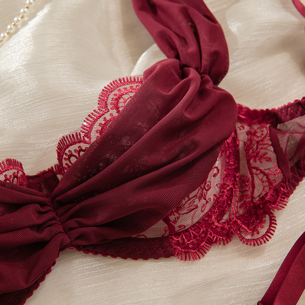 Burgundy Lace Embroidered Lingerie Set | Deep V Gather Bra & Hollow Sheer Briefs