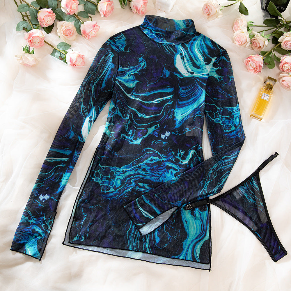 Tie-Dye Sheer Mesh High Neck Slit Dress Set