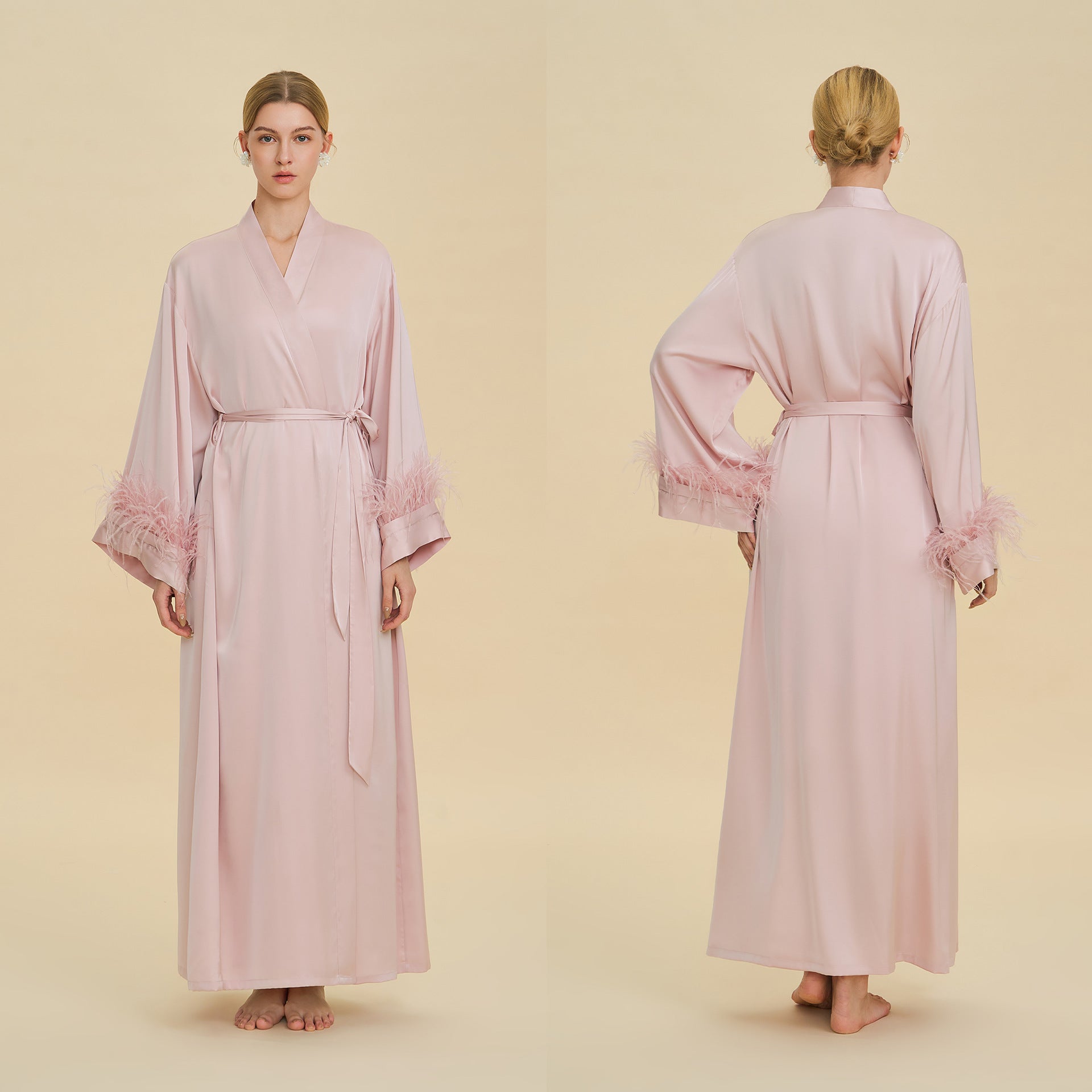 Ostrich Feather Cape Robe | Acetate Satin Luxury Loungewear