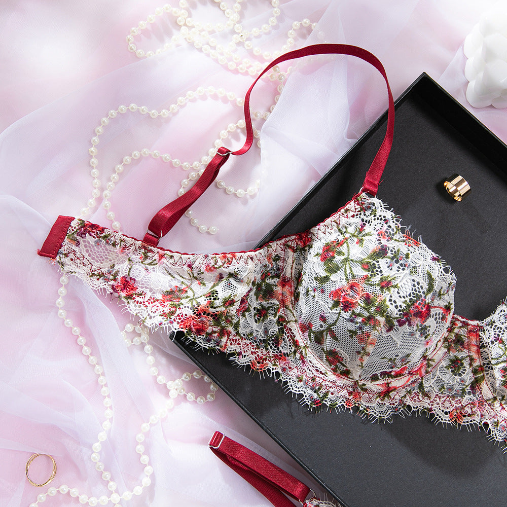 French Vintage Lace Floral Print Gathering Bra Lingerie Set