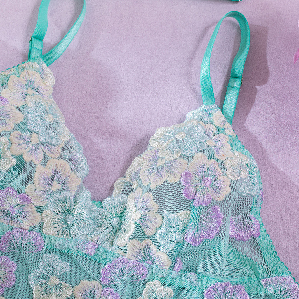 Mint Green Embroidery Mesh Halter Neck Babydoll Four-Piece Set