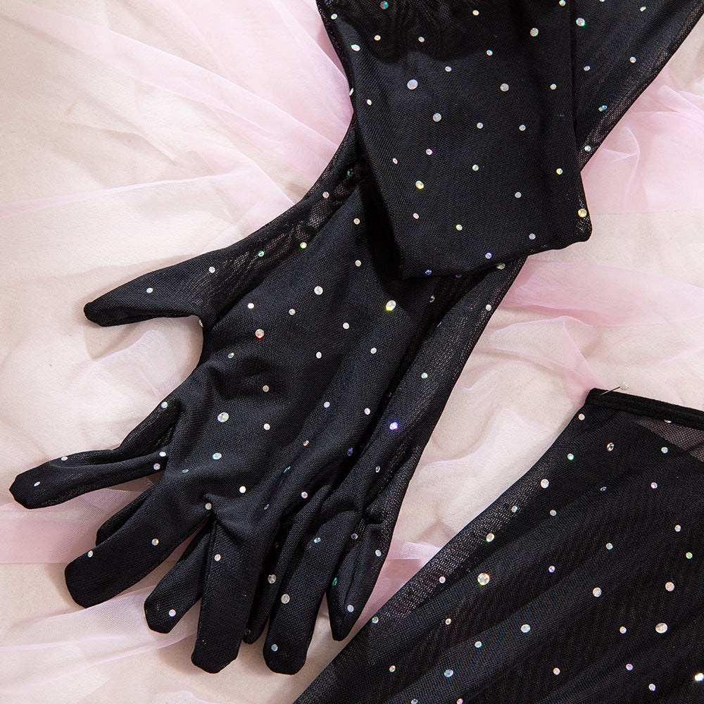 Sheer Hollow Backless Bodycon Dress & Gloves Three-Piece Set
