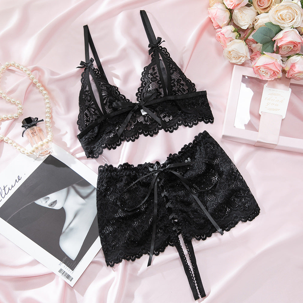 Black Lace Tie-Up Gathering Bra & High-Waist Panty Set