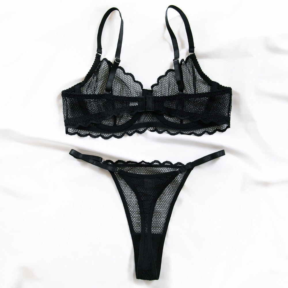 Cross-border French sexy lace mesh ultra-thin summer new underwear comfortable top support with steel ring bra set