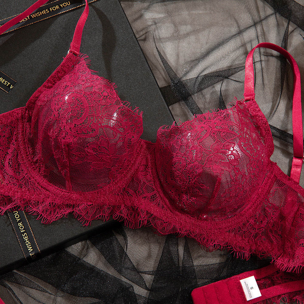 Burgundy Lightweight Lace Breathable Lift Minimizing Bra Set