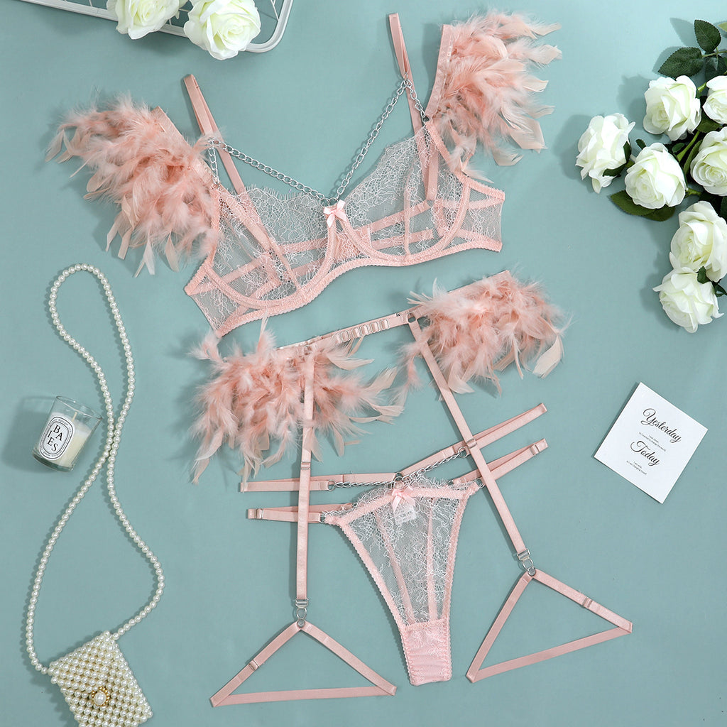 Feather Trim Lace Chain Slim Lingerie Set