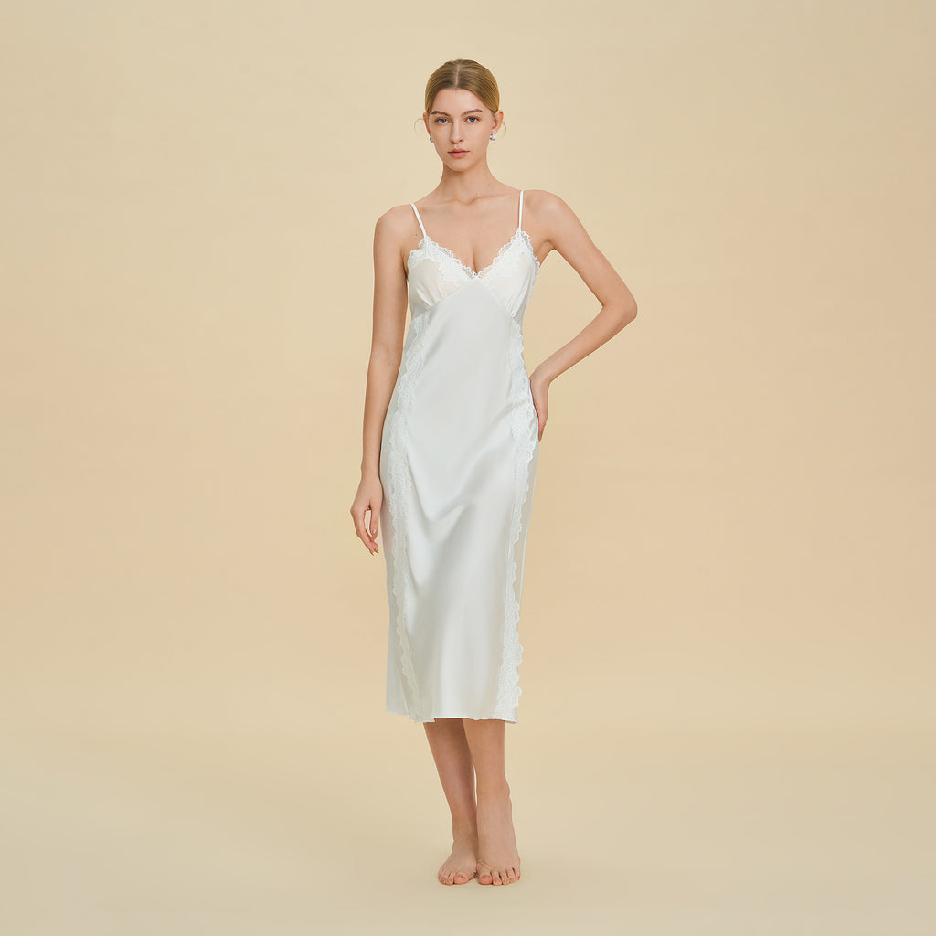 French Lace Deep V Slip Nightgown | Elegant Spaghetti Strap Sleepwear