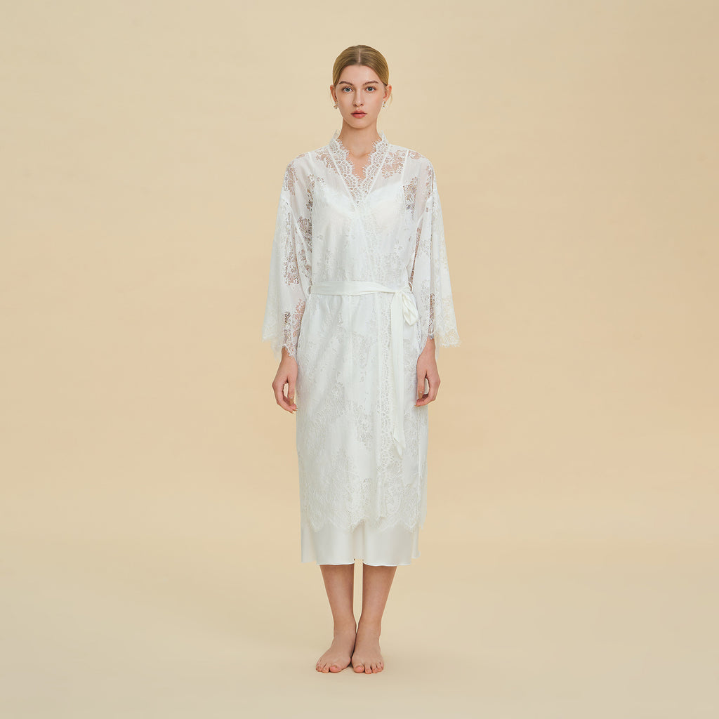 Lace Trim Nylon Long Robe – French Luxury Loose Fit Loungewear