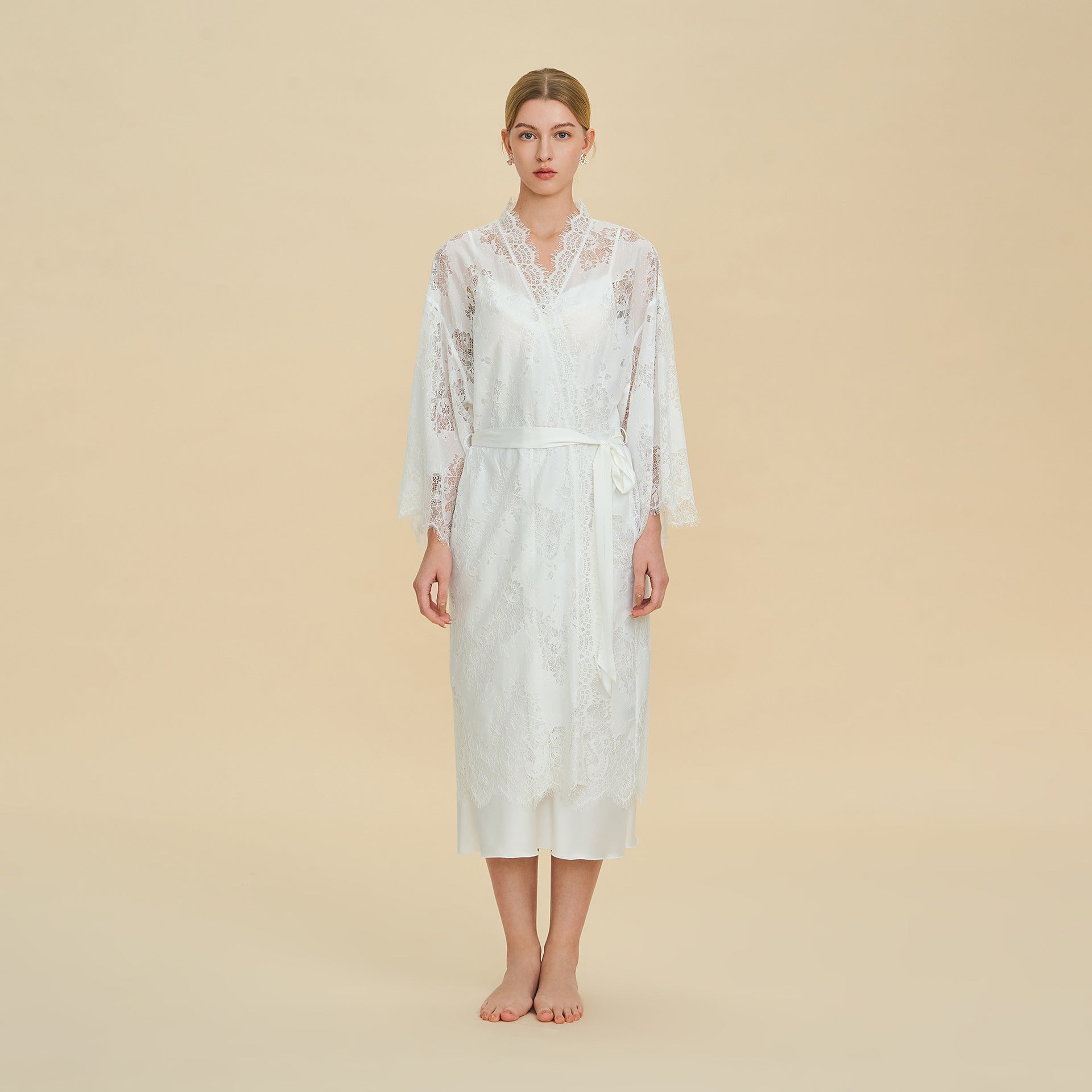 Lace Trim Nylon Long Robe – French Luxury Loose Fit Loungewear