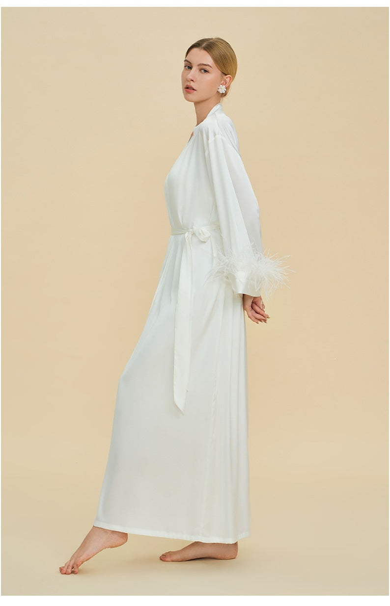 Ostrich Feather Cape Robe | Acetate Satin Luxury Loungewear