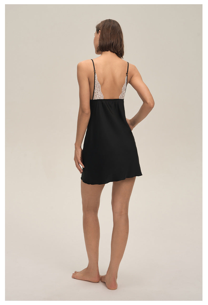 Lace Slim Satin Chiffon Backless Spaghetti Strap Nightdress — Sexy Loungewear