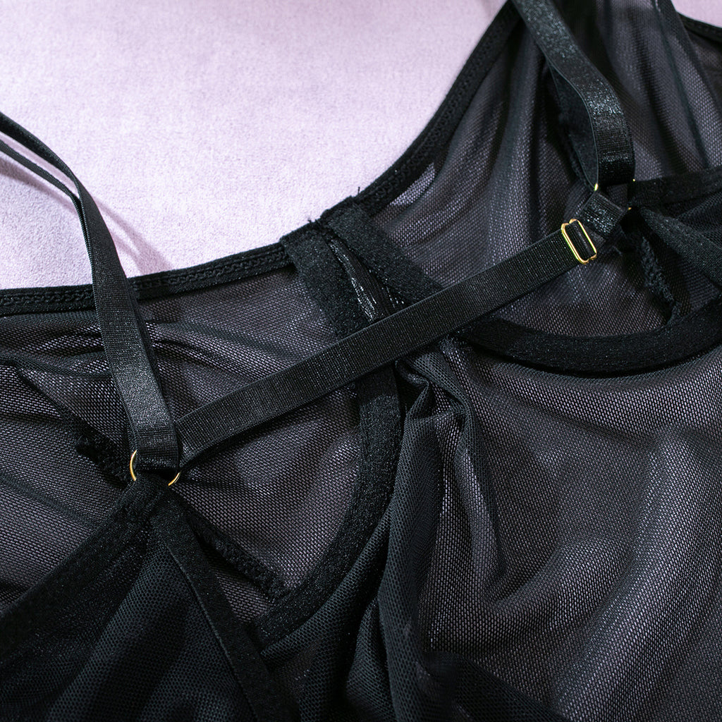 Sheer Mesh Backless Strap Glove Lingerie Set