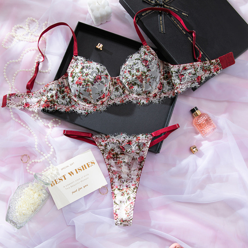 French Vintage Lace Floral Print Gathering Bra Lingerie Set