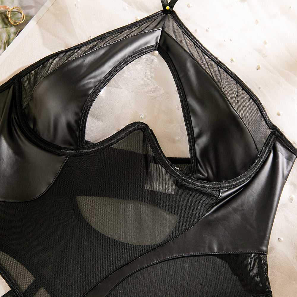 PU Leather & Mesh Halter Neck Bodysuit | Sheer Slim-Fit Onesie