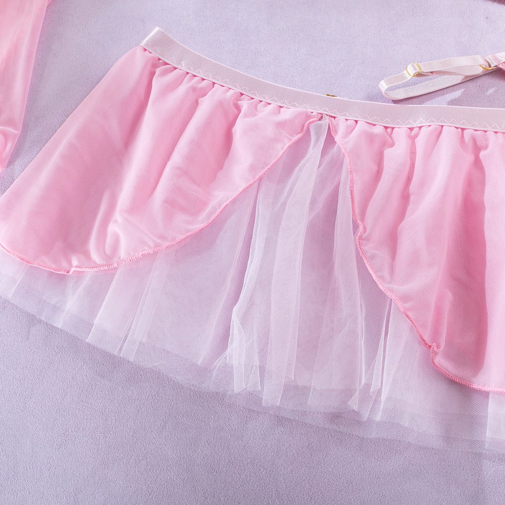 Sheer Mesh Skirt Chain Halter Glove