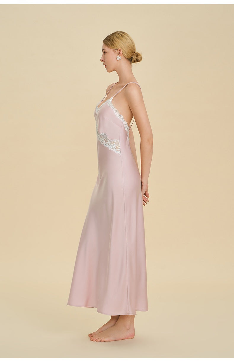 Lace Splice Deep V Off-Shoulder Nightgown | Backless Sexy Loungewear